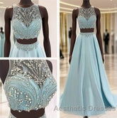 Blue Two Piece Bead Top Ball Gown Evening Prom Dresses